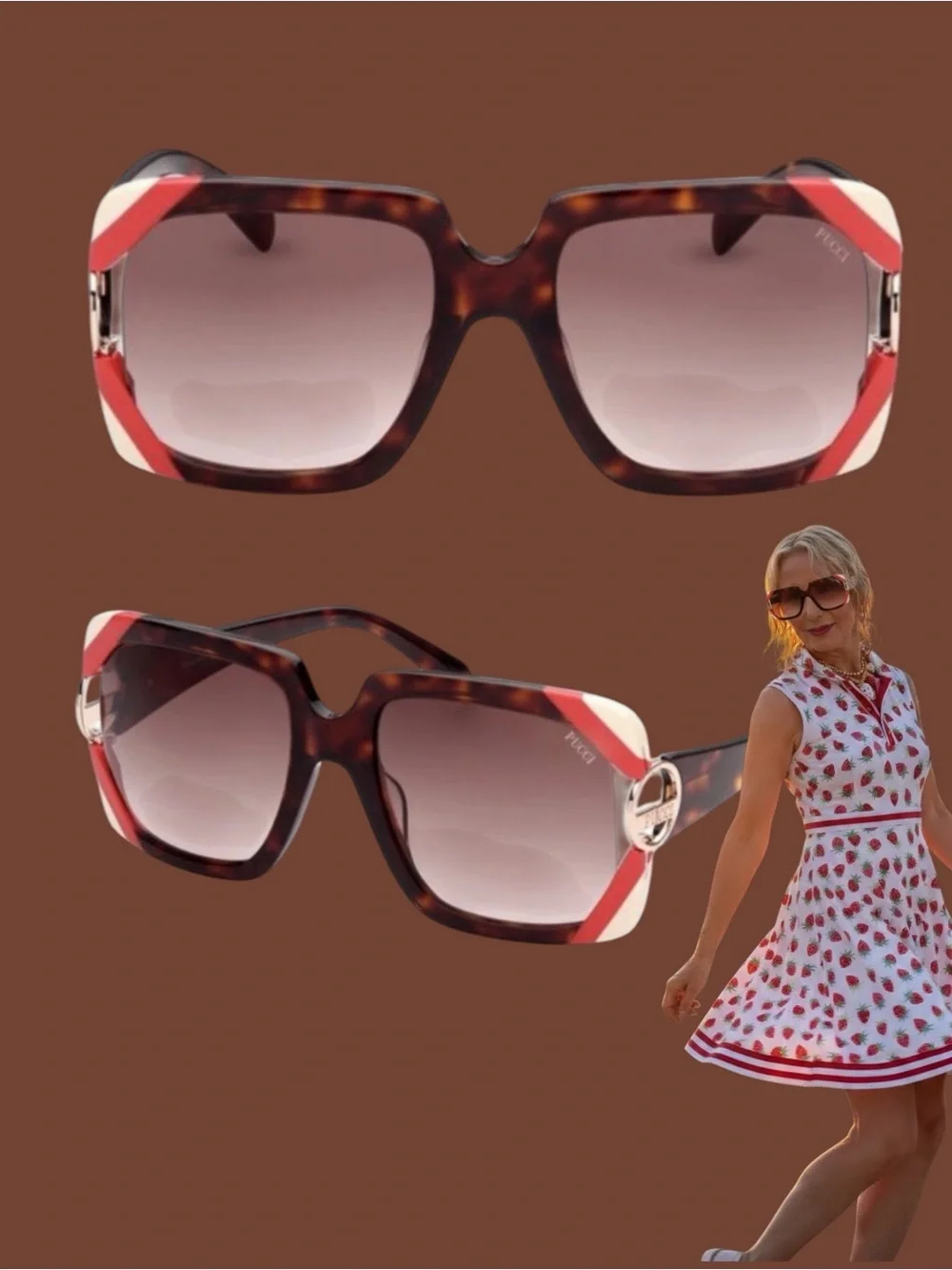 Emilio Pucci Oversized Tortoiseshell Sunglasses with Red Accents